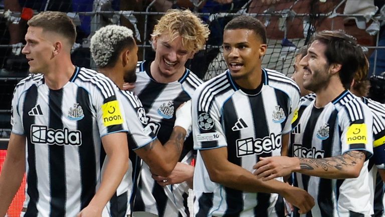Newcastle celebrate their opener at Union Saint-Gilloise