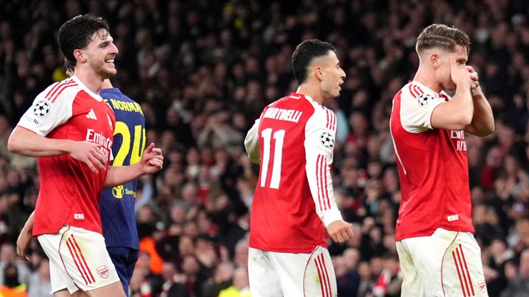 Arsenal's Viktor Gyokeres celebrates scoring his first goal against Atletico Madrid