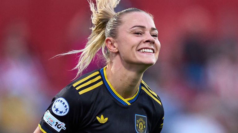 Fridolina Rolfoe of Manchester United celebrates scoring against Atletico Madrid
