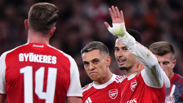 Arsenal's Gabriel Martinelli celebrates after scoring the opening goal against Olympiakos
