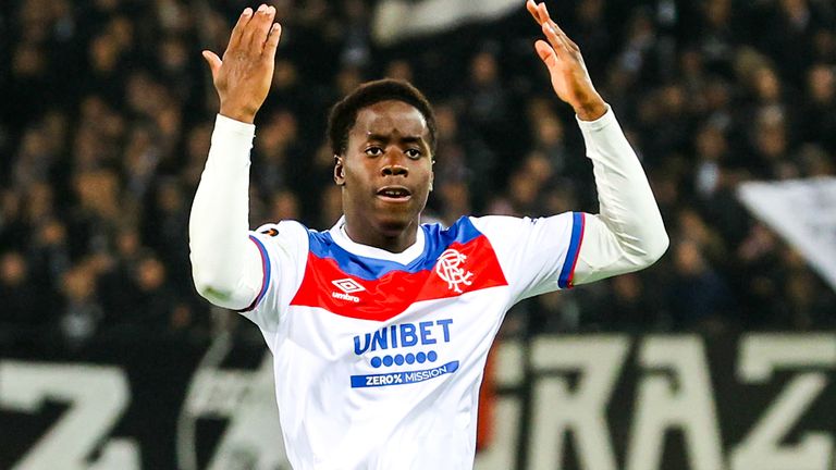 GRAZ, AUSTRIA - OCTOBER 02: Rangers Djeidi Gassama celebrates after scoring to make it 2-1 during a UEFA Europa League 2025/26 League Phase MD2 match between Sturm Graz and Rangers at the Stadion Graz Liebenau, on October 02, 2025, in Graz, Austria. (Photo by Alan Harvey / SNS Group)
