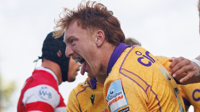 GLOUCESTER, ENGLAND - OCTOBER 5: Northampton Saints' George Hendy celebrates scoring his sides fourth try during the Gallagher PREM match between Gloucester Rugby and Northampton Saints at Kingsholm Stadium on October 5, 2025 in Gloucester, England. (Photo by Bob Bradford - CameraSport via Getty Images)                                                                                                                            