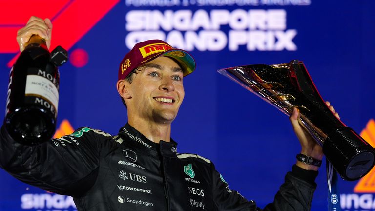 George Russell celebrates winning the Singapore GP