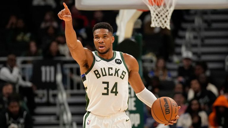 Milwaukee Bucks forward Giannis Antetokounmpo calls a play on Tuesday, Oct. 14, 2025, in Milwaukee. (AP Photo/Kayla Wolf)