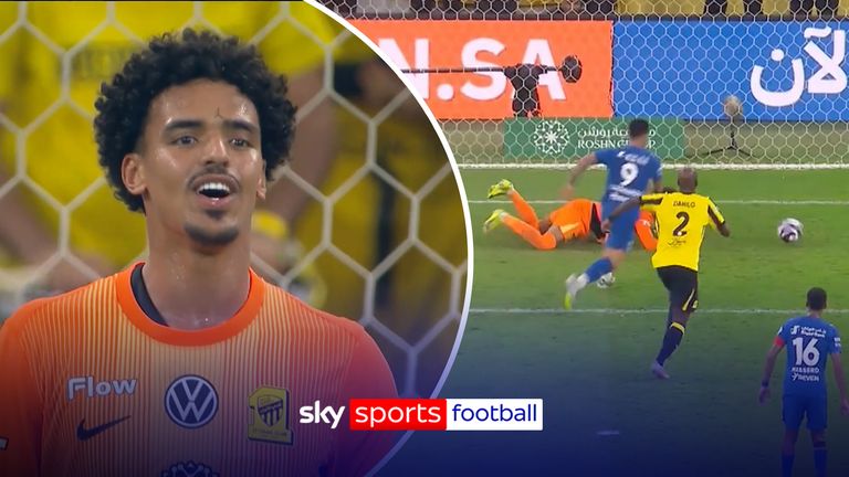 Al Ittihad's goalkeeper Hamed Al-Shanqiti parries Ruben Neves' shot into path of  Marcos Leonardo for a simple finish to seal a 2-0 victory for Al Hilal in the Saudi El Clasico.