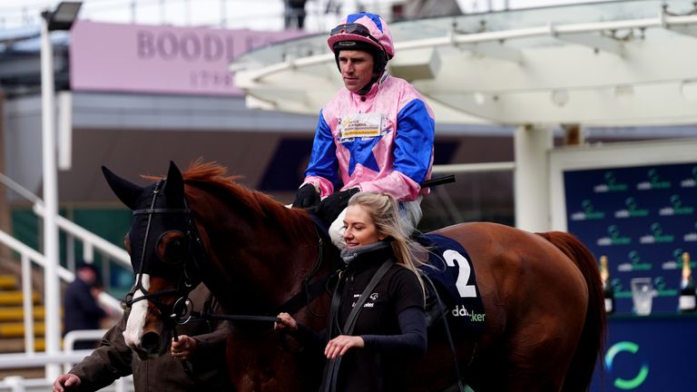 Harry Skelton aboard Fortune De Mer after winning the Oddschecker Novices' Hurdle at Cheltenham Racecourse