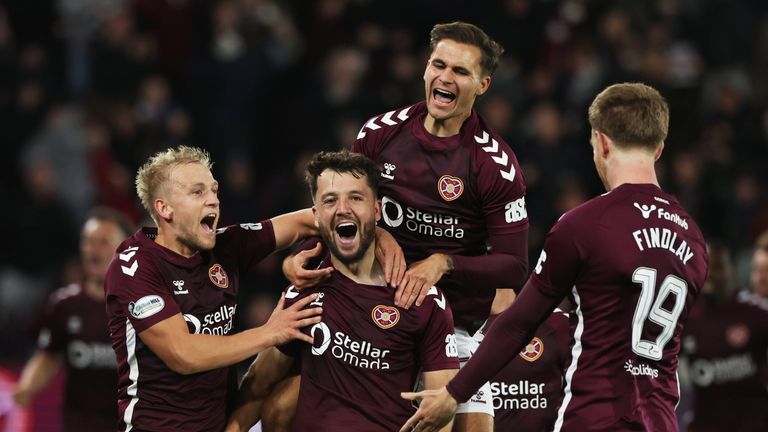EDINBURGH, SCOTLAND - OCTOBER 04: Hearts Craig Halkett celebrates after scoring to make it 1-0 during a William Hill Premiership match between Heart of Midlothian and Hibernian at Tynecastle Park, on October 04, 2025, in Edinburgh, Scotland. (Photo by Craig Williamson / SNS Group)