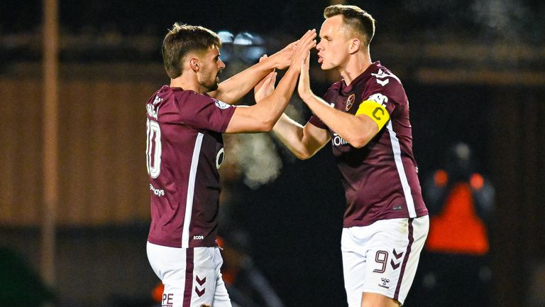 PAISLEY, SCOTLAND - OCTOBER 29: Hearts' Claudio Braga (L) celebrates scoring to make it 2-2 with teammate Lawrence Shankland during a William Hill Premiership match between St Mirren and Heart of Midlothian at the SMiSA Stadium, on October 29, 2025, in Paisley, Scotland. (Photo by Rob Casey / SNS Group)