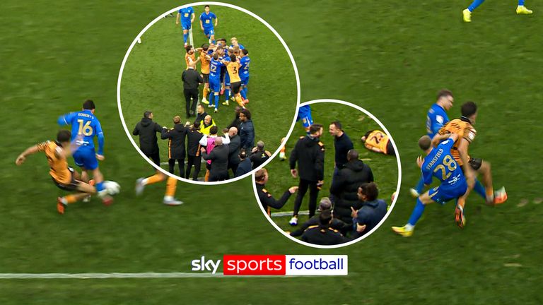 A huge brawl erupted between players and staff of both Birmingham and Hull City teams following back-to-back nasty challenges