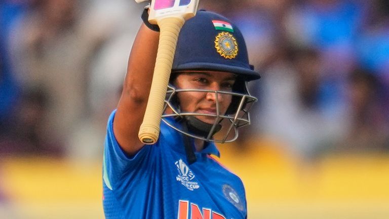 India's Pratika Rawal celebrates her half-century vs Australia at the Women's Cricket World Cup (Associated Press)