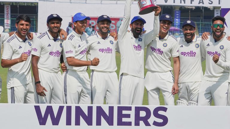 India players celebrate with the trophy after wining the Test series at home to West Indies 2-0 (Associated Press)