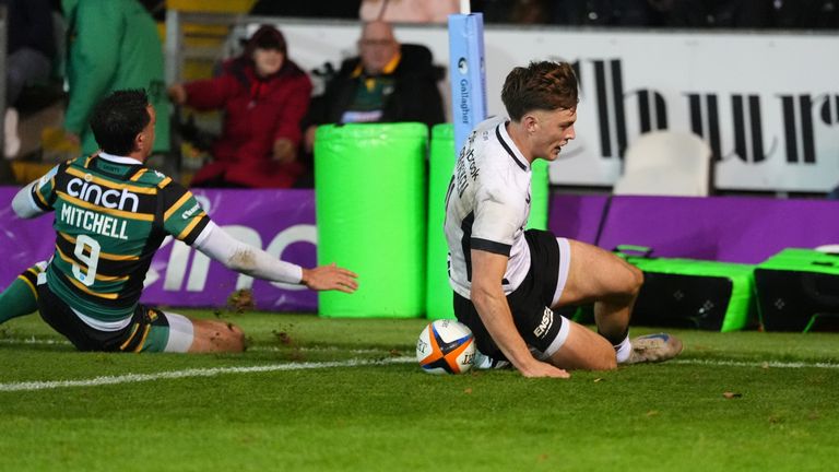 Saracens' Jack Bracken scores their second try during the Gallagher PREM match at cinch Stadium at Franklin's Gardens, Northampton.