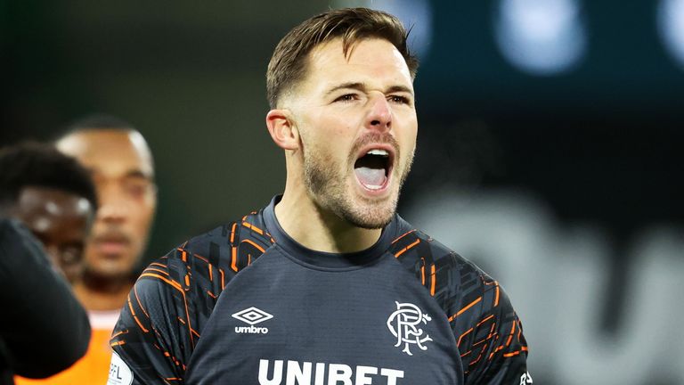 EDINBURGH, SCOTLAND - OCTOBER 29: Rangers Jack Butland celebrates at Full Time during a William Hill Premiership match between Hibernian and Rangers at Easter Road, on October 29, 2025, in Edinburgh, Scotland. (Photo by Alan Harvey / SNS Group)