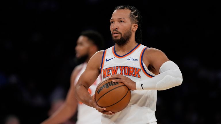 New York Knicks' Jalen Brunson during the first half of a preseason NBA basketball game against the Minnesota Timberwolves Thursday, Oct. 9, 2025, in New York. (AP Photo/Frank Franklin II)