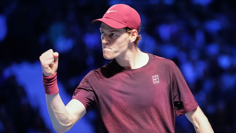 Yannick Siner of Italy gestures during his final match against Alexander Zverev of Germany at the ATP tennis tournament in Vienna, Austria, Sunday, Oct. 26, 2025. (AP Photo/Heinz-Peter Bader)