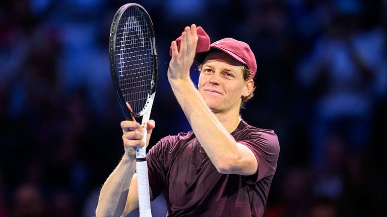 Italy's Jannik Sinner reacts during his men's quarter-final singles match against Kazakhstan's Alexander Bublik at the ATP Vienna Open tennis tournament in Vienna, Austria, on October 24, 2025. (Photo by MAX SLOVENCIK / APA / AFP) / Austria OUT