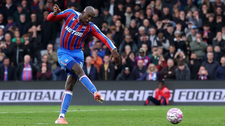 Jean-Philippe Mateta scores from the penalty spot to complete his hat-trick and earn Crystal Palace a point against Bournemouth
