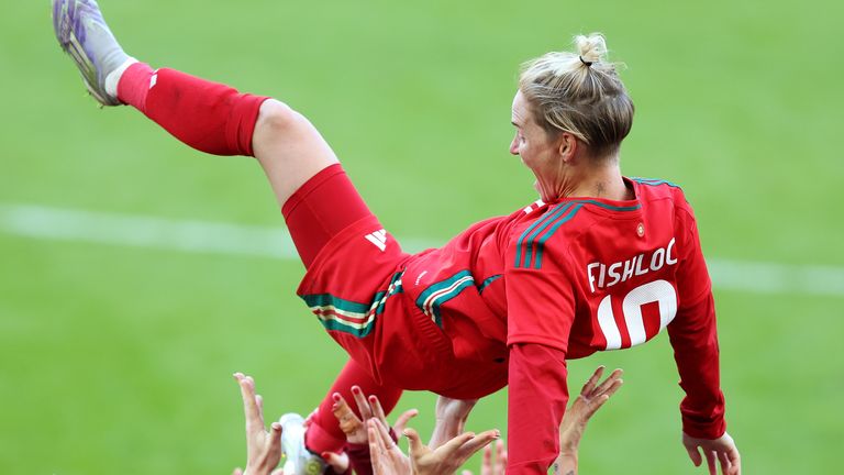 Jess Fishlock was celebrated by her Wales Women teammates after the game