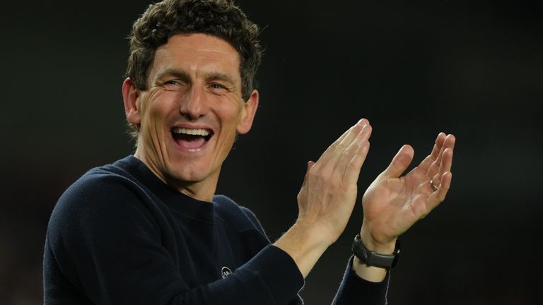 Keith Andrews reacts to Brentford's win over Liverpool. (AP Photo/Dave Shopland)