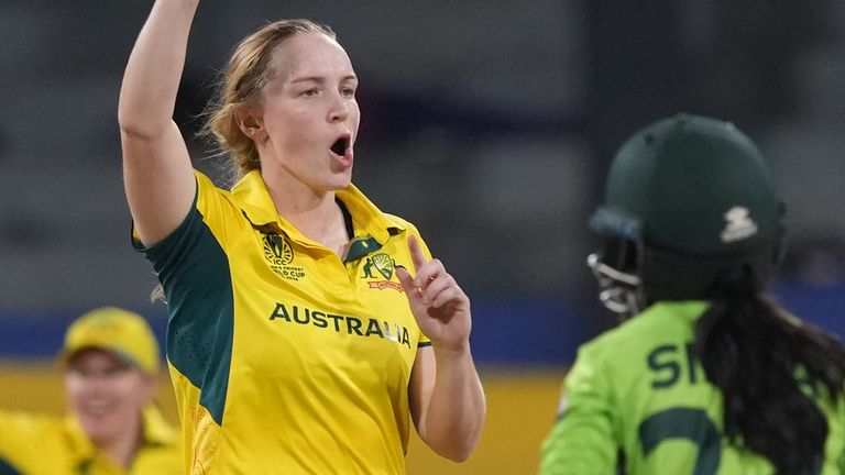 Kim Garth took 3-14 as Australia beat Pakistan at the Women's Cricket World Cup (Associated Press)