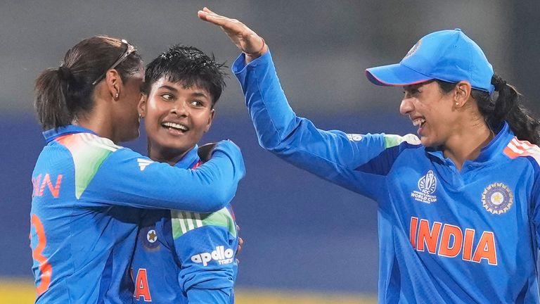 India's Kranti Goud, celebrates a wicket in the Women's World Cup match against Pakistan in Colombo (Associated Press)