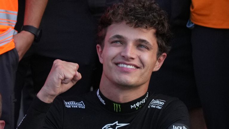 Lando Norris celebrates after winning the Mexico City Grand Prix