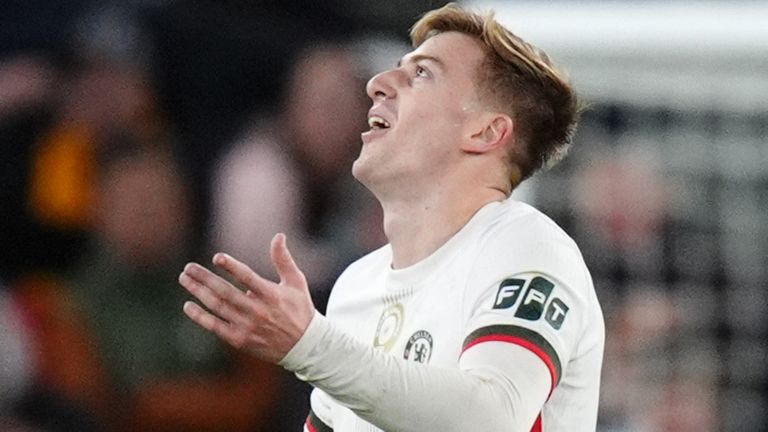 Chelsea striker Liam Delap reacts after he is sent off at Wolves 