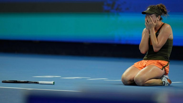 Linda Noskova of the Czech Republic reacts after defeating Jessica Pegula of the United States in a women's singles semifinal match of the C