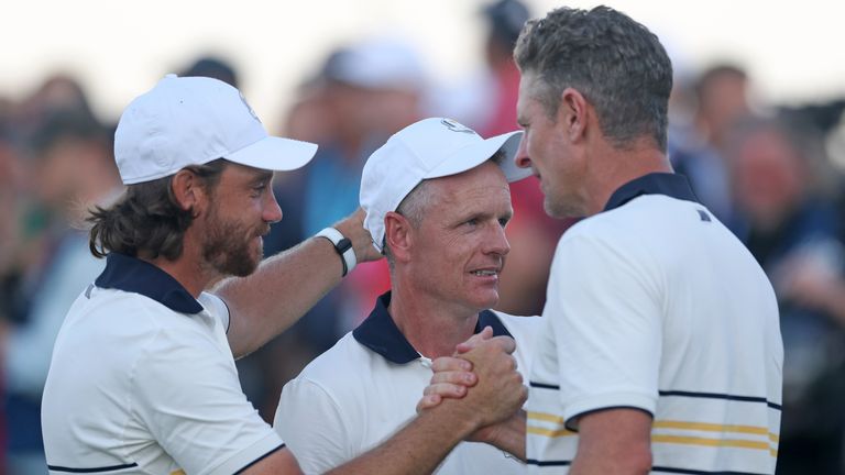 Tommy Fleetwood, Luke Donald, Justin Rose (left to right) during the 2025 Ryder Cup (Getty Images)