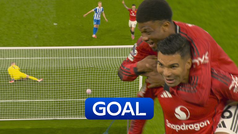 Man Utd's Casemiro's strike from the edge of the box takes a huge deflection off Ayari againt Brighton