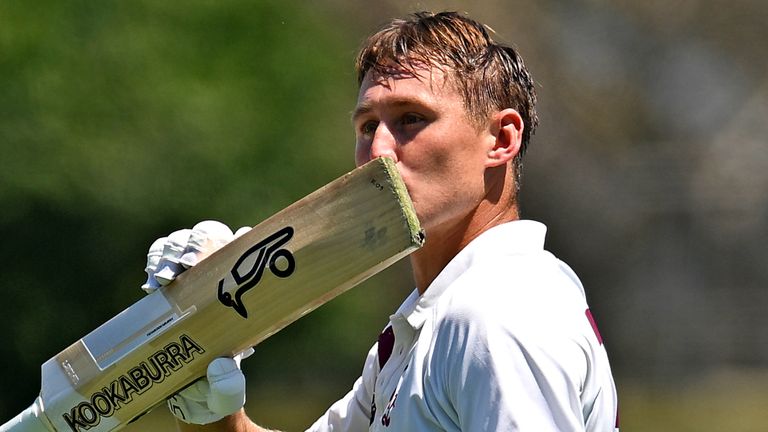 Marnus Labuschagne celebrates his Sheffield Shield century for Queensland against Tasmania in October 2025 (Getty Images)