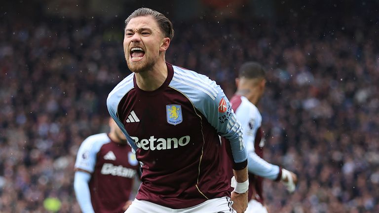 Matty Cash celebrates after giving Aston Villa the lead against Man City