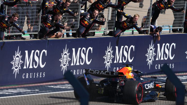 Red Bull driver Max Verstappen of the Netherlands crosses the finish line to win the Formula One U.S. Grand Prix auto race in Austin, Texas, Sunday, Oct. 19, 2025. (AP Photo/Nick Didlick)