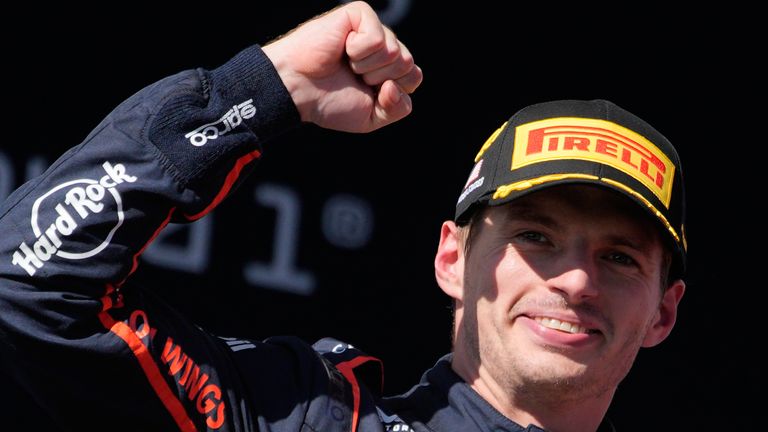 Red Bull driver Max Verstappen of the Netherlands celebrates on the podium after winning the Formula One U.S. Grand Prix auto race in Austin, Texas, Sunday, Oct. 19, 2025. (AP Photo/John Locher)