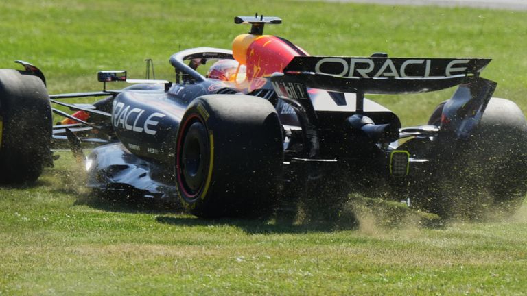 Max Verstappen goes across the grass at the start of the Mexico City GP