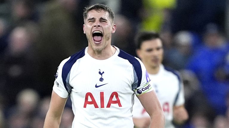 Micky van de Ven celebrates scoring Spurs' second goal of the game 