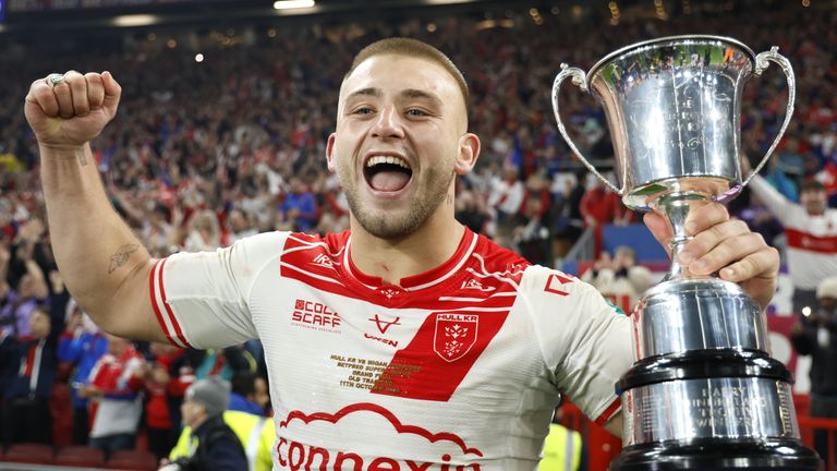 Hull KR's Mikey Lewis lifts a trophy following the Betfred Super League Grand Final