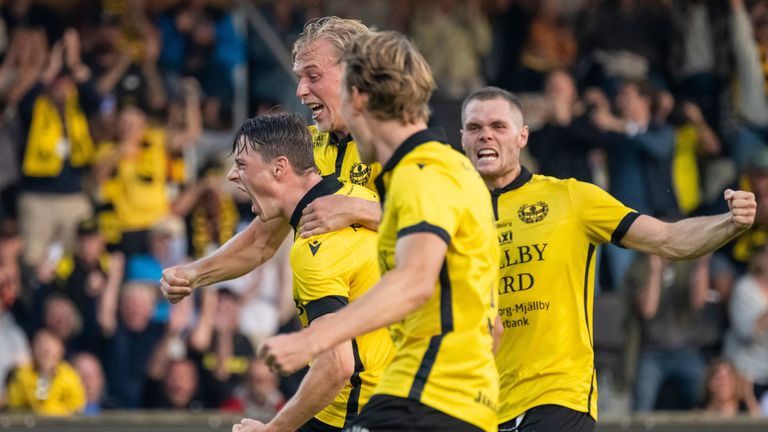 Mjallby AIF's Elliot Stroud celebrates with Herman Johansson, Alexander Johansson and Jacob Bergstrom after scoring against Halmstad BK