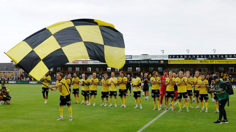 Mjallby players celebrates after winning their soccer match against IK Sirius FK at Strandvallen in Hallevik, Sweden, Saturday July 27, 2025