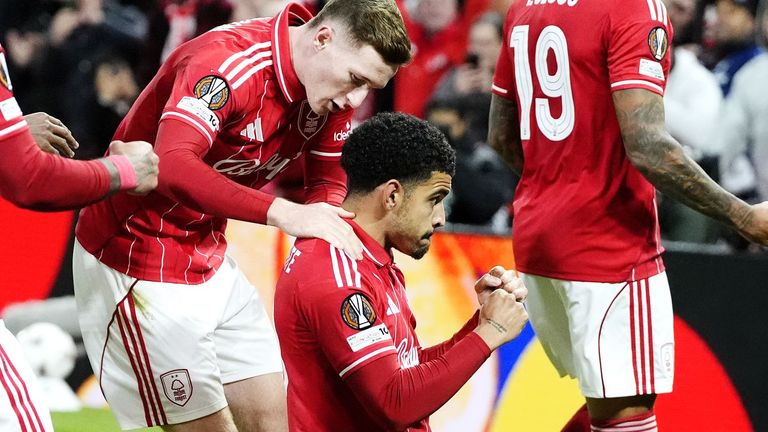 Nottingham Forest's Morgan Gibbs-White (centre) celebrates with team-mates after scoring their side's first goal from a penalty