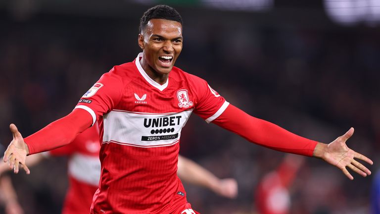 Morgan Whittaker celebrates after scoring for Middlesbrough against Ipswich