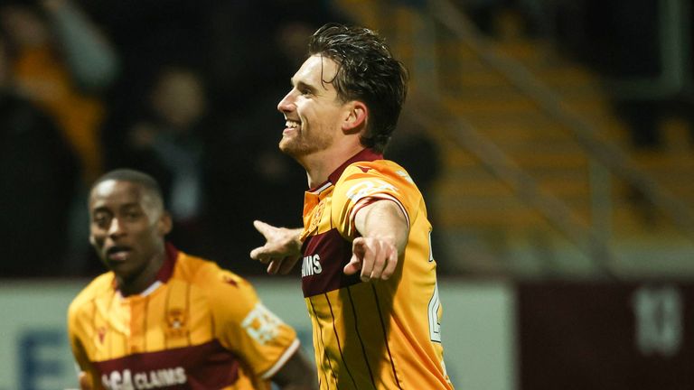 MOTHERWELL, SCOTLAND - OCTOBER 29: Motherwell's Elliot Watt celebrates after scoring to make it 2-0 during a William Hill Premiership match between Motherwell and Dundee United at Fir Park, on October 29, 2025, in Motherwell, Scotland. (Photo by Craig Foy / SNS Group)