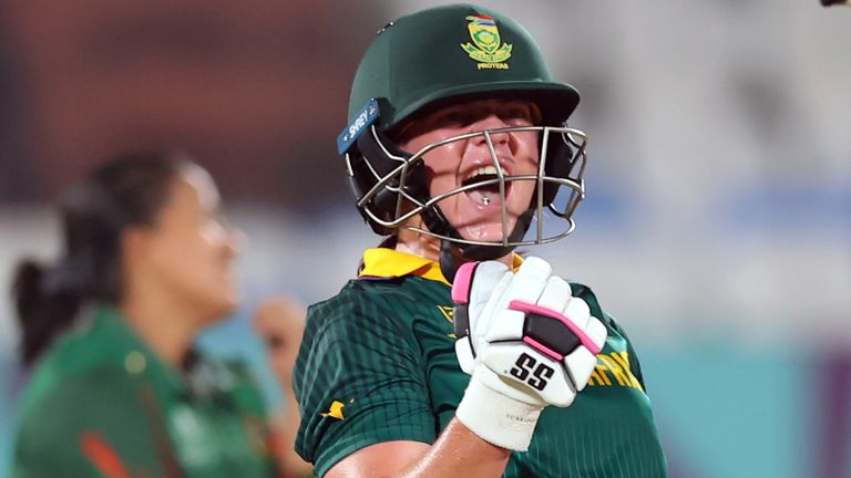 Nadine de Klerk celebrates her match-winning six against Bangladesh at the Women's World Cup (Getty Images)