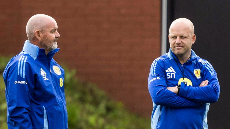 GLASGOW, SCOTLAND - SEPTEMBER 01: (L-R) Head coach Steve Clarke, assistant coach Steven Naismith and set piece coach Andrew Hughes during a Scotland training session at The City Stadium, on September 01, 2025, in Glasgow, Scotland. (Photo by Craig Foy / SNS Group)