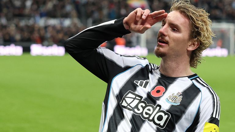 Nick Woltemade celebrates after leading Newcastle to a 2-0 win against Spurs