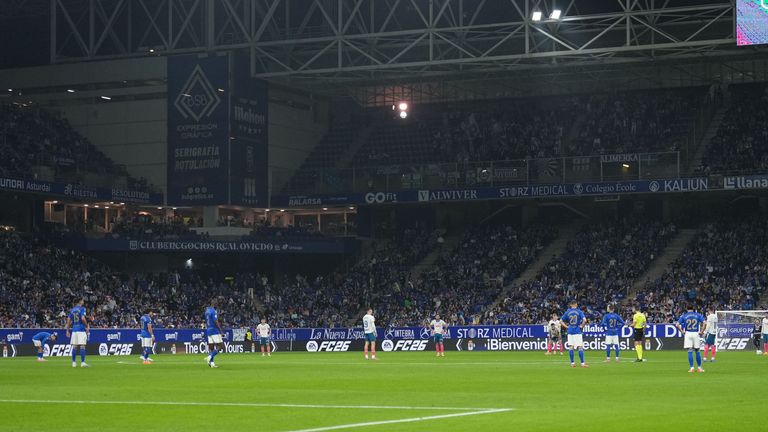 Oviedo and Espanyol players protest against LaLiga