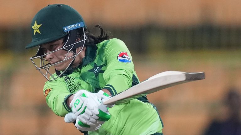 Fatima Sana of Pakistan is bowled out by Nondumiso Shangase of South Africa (not pictured) as wicket keeper Karabo Meso looks on during the 