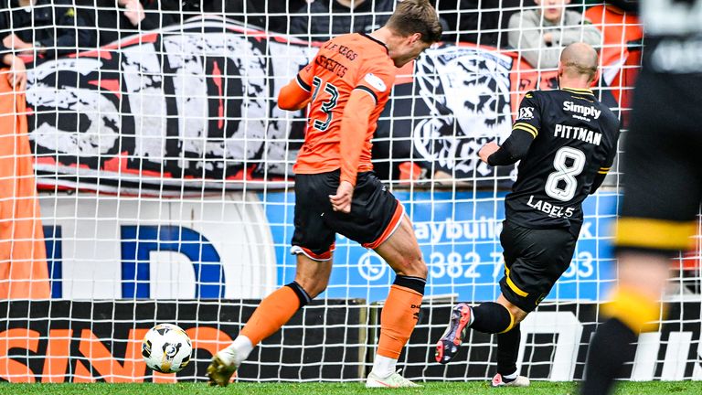 DUNDEE, SCOTLAND - OCTOBER 04: Livingston's Scott Pittman scores to make it 1-0 during a William Hill Premiership match between Dundee United and Livingston at The CalForth Construction Arena, on October 04, 2025, in Dundee, Scotland.  (Photo by Paul Devlin / SNS Group)