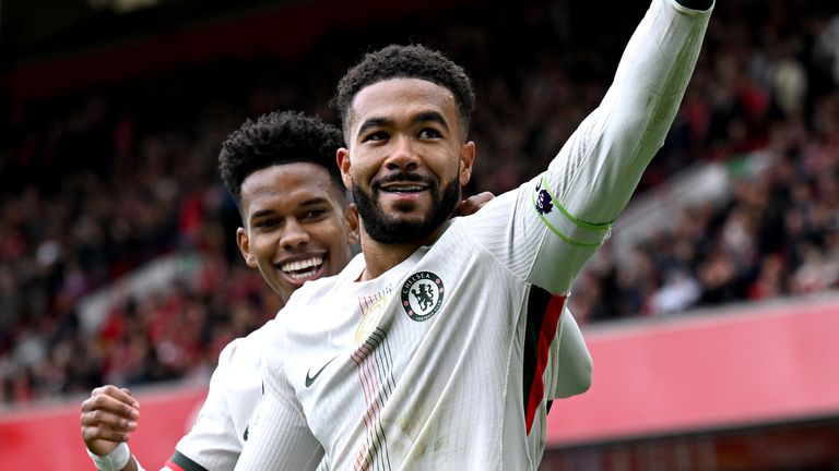 Reece James salutes the travelling fans after scoring Chelsea's third goal at Nottingham Forest