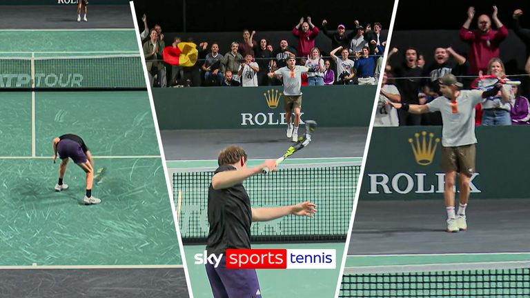 Alex Michelsen smashes racket as Zizou Bergs celebrates with moonwalk